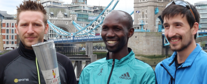 L-R: Rob Young (Marathon Man UK), Wilson Kipsang and Adam Holland encourage UK runners to join the Kenya Peace Torch Relay 2016