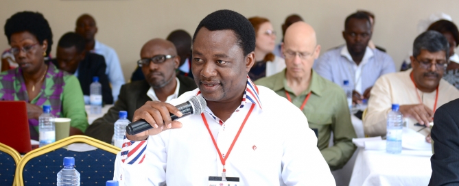 Dr Webster Zambara from the Institute for Justice and Reconciliation (SA) makes a point during the first day of the Peace Education Colloquium at the Kigali Genocide Memorial.