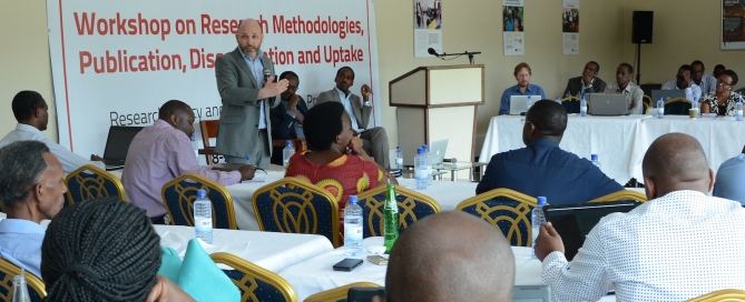 Aegis CEO Dr James Smith addresses the Aegis Trust's capacity-building workshop for Rwandan researchers