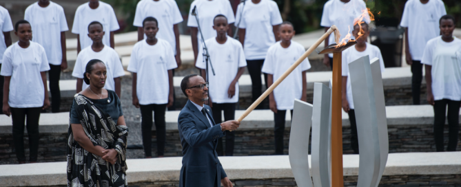 Rwanda's President Paul Kagame lights the flame of remembrance at the Kigali Genocide Memorial, 7 April 2018