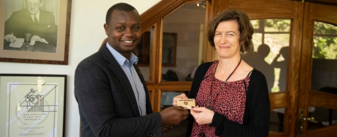 HE Helena Rietz receives Ubumuntu pin badge from Aegis Africa Representative Freddy Mutanguha at the Kigali Genocide Memorial, November 2018