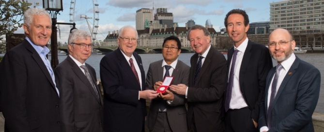 left-right Peter Freeman, Steve Noah, Ambassador Kenneth Quinn, Sokphal Din Cambodian genocide survivor, Lord David Alton, Sir Trevor Pears and Dr James Smith at the House of Lords as Ambassador Quinn receives the Steven Krulis Champion of Humanity Distinguished Service Award from the Aegis Trust in recognition of his work in countering the Khmer Rouge in Cambodia.