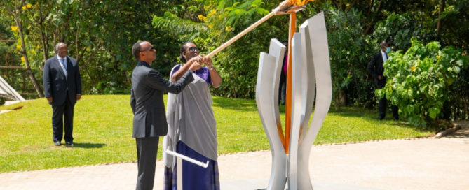 Kwibuka 26: Rwanda's President Paul Kagame lights the flame of remembrance at the Kigali Genocide Memorial, accompanied by First Lady Jeannette Kagame. 7th April 2020.