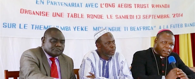 Imam Omar Kobine Layama (centre) shares a platform with Cardinal Dieudonné Nzapalainga (right) and Pastor Nicolas Guérékoyame-Gbangou at a PCRC event in Bangui, September 2014.