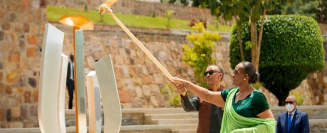 President Paul Kagame and First Lady Jeannette Kagame light the flame of remembrance at the Kigali Genocide Memorial on April 7th 2022, marking the start of Kwibuka28, the 28th commemoration of the 1994 Genocide against the Tutsi. Image: Aegis Trust