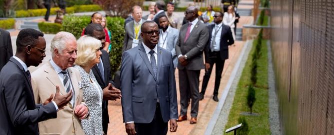 HM King Charles III and Queen Consort Camilla view the Wall of Names at the Kigali Genocide Memorial during CHOGM 2022