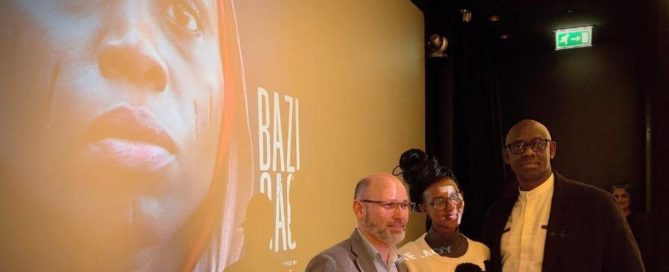 L-R Aegis CEO Dr James Smith with filmmaker Jo Ingabire and High Commissioner HE Johnston Busingye at the London premiere of BAFTA-nominated short BAZIGAGA, 10 February 2023