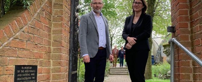 Incoming Aegis Chair Jenny Ohlsson with Aegis CEO and founder James Smith at the UK National Holocaust Centre's Gateway of the Righteous - opened by the Swedish Ambassador to the UK in September 2001