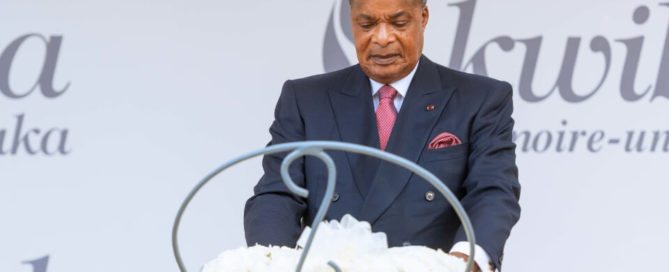 President Denis Sassou Nguesso of the Republic of the Congo lays a wreath at the Kigali Genocide Memorial