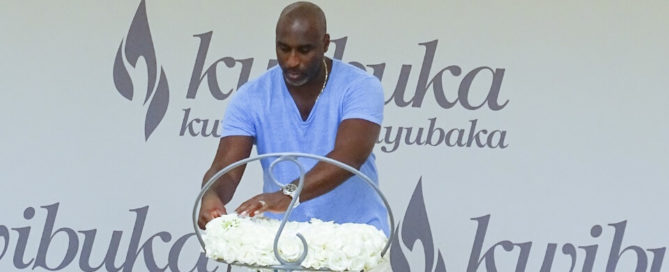 Arsenal and England football star Sol Campbell lays a wreath at the Kigali Genocide Memorial, 30 August 2023