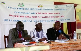 Central African faith leaders Cardinal Dieudonné Nzapalainga, Apostle Nicolas Guérékoyame-Gbangou and Imam Omar Kobine Layama, recipients of the 2024 Aegis Award