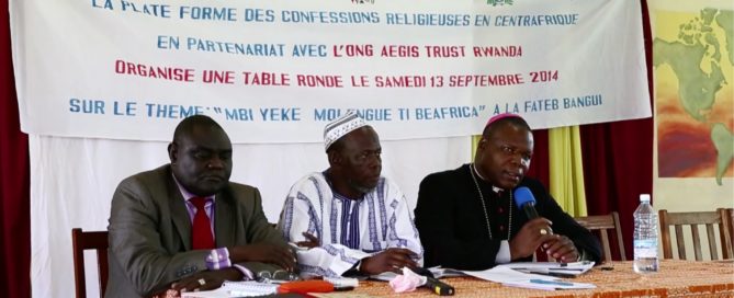 Central African faith leaders Cardinal Dieudonné Nzapalainga, Apostle Nicolas Guérékoyame-Gbangou and Imam Omar Kobine Layama, recipients of the 2024 Aegis Award